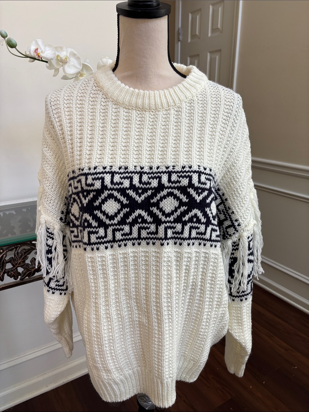Altar'd State Cream Navy Sweater with fringe size Medium